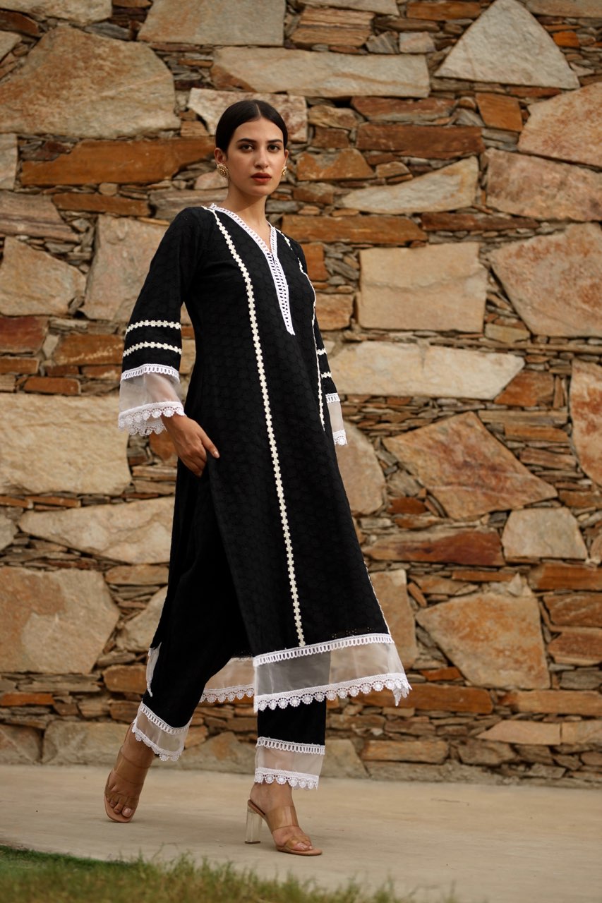 BLACK COTTON CHIKANKARI WHITE LACE STRAIGHT SET Asrumo