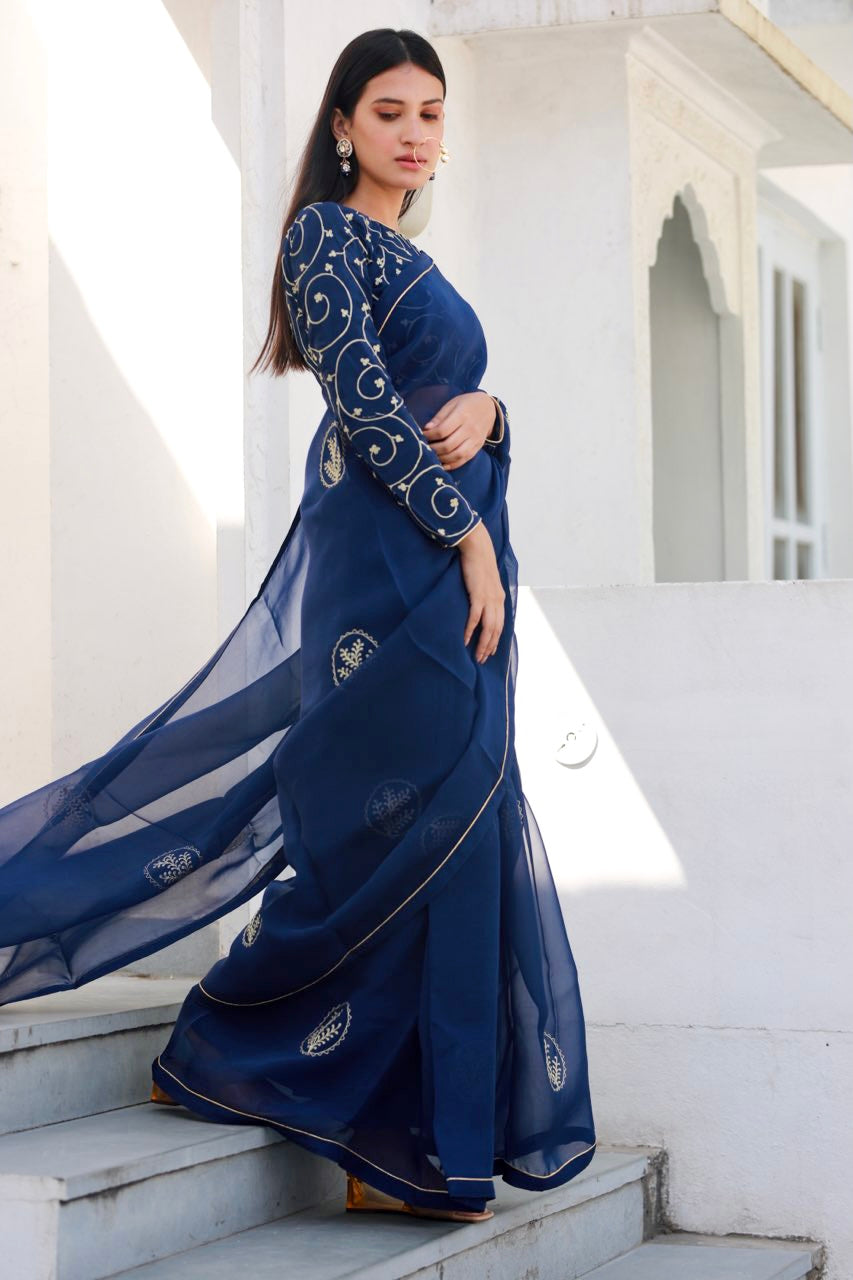 Shreeja nevy blue silk organza saree Asrumo