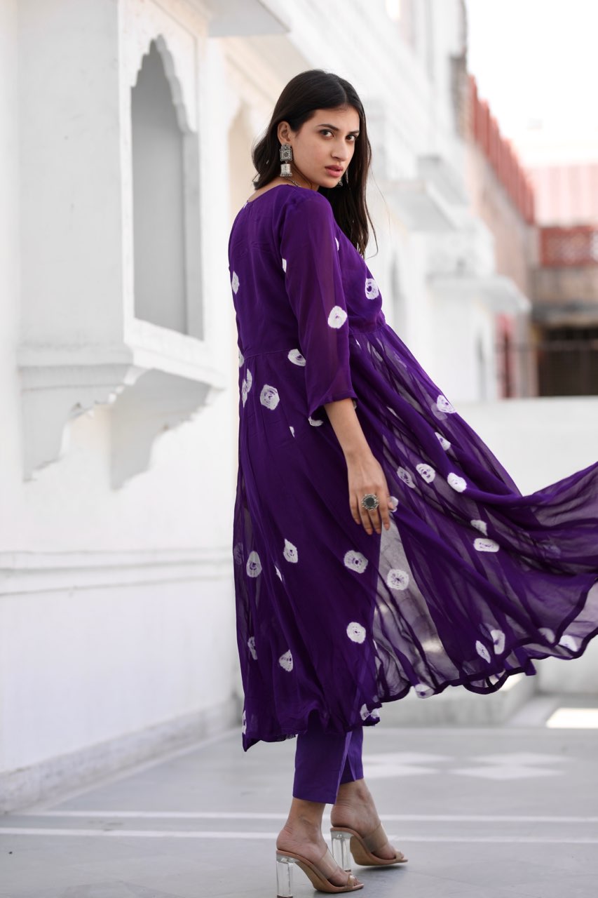 Sabita purple bhandhej anarkali set Asrumo