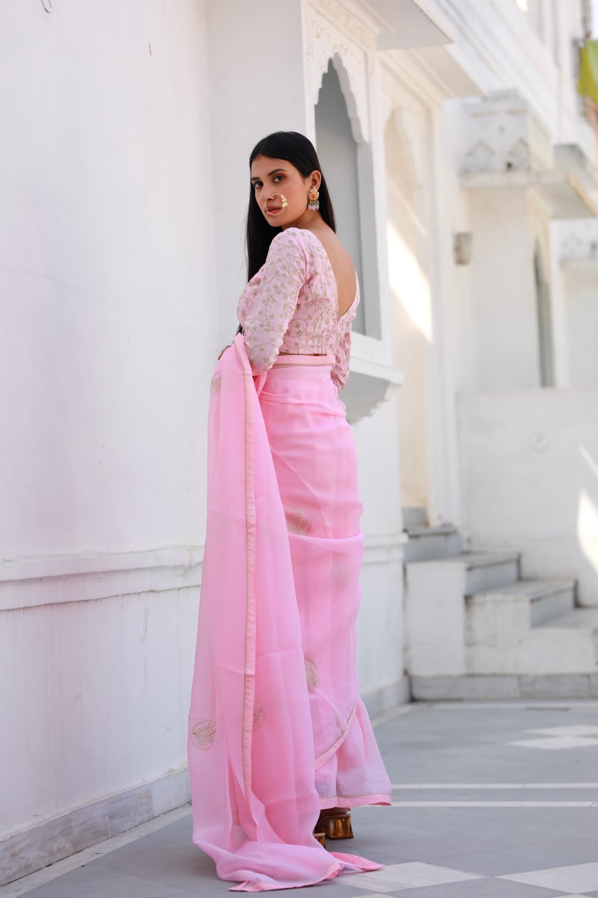 Shreeja pink viscose silk organza saree Asrumo