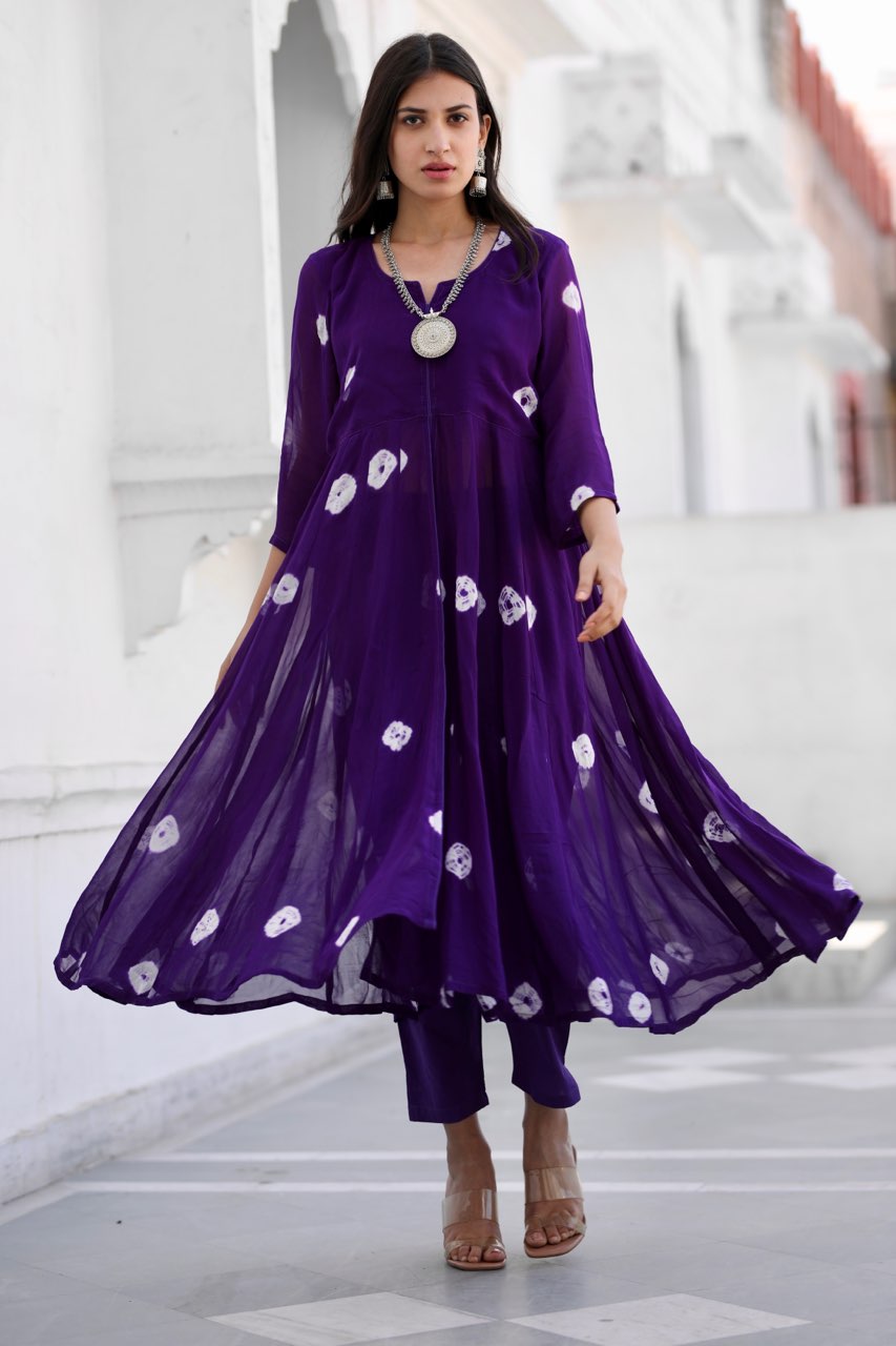 Sabita purple bhandhej anarkali set Asrumo