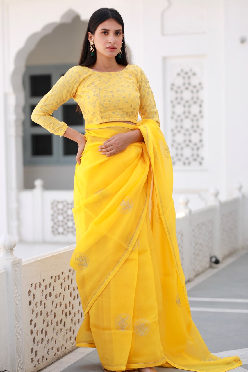 Shreeja yellow viscose silk organza saree Asrumo