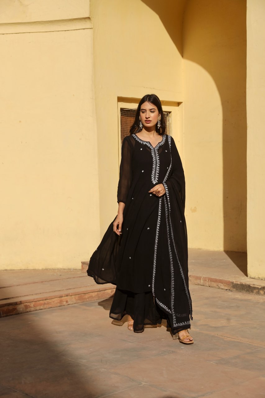 Black georgette white dot anarkali set Asrumo