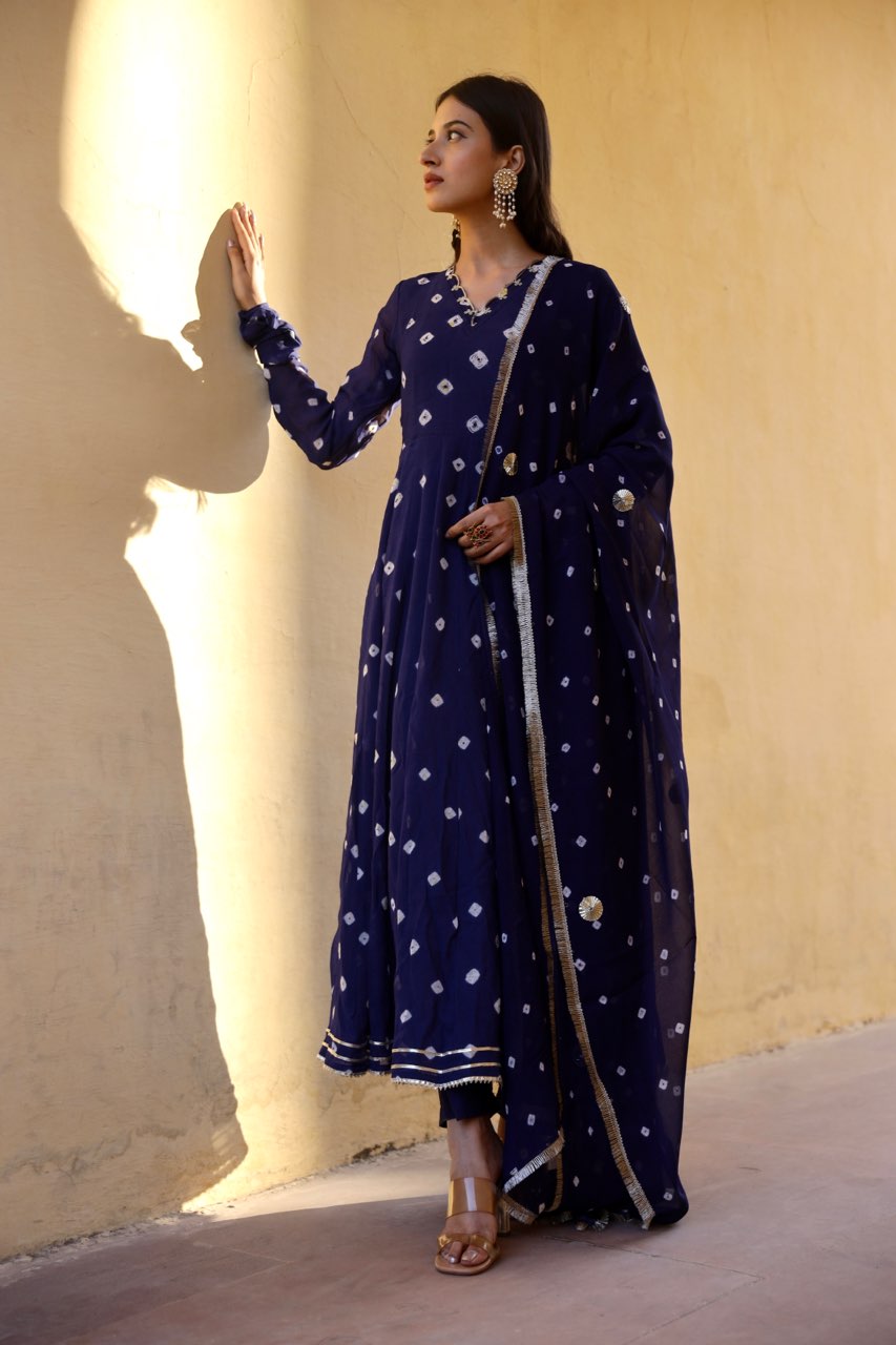Blue handcrafted bhandhej anarkali Asrumo