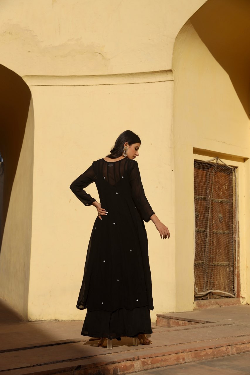 Black georgette white dot anarkali set Asrumo