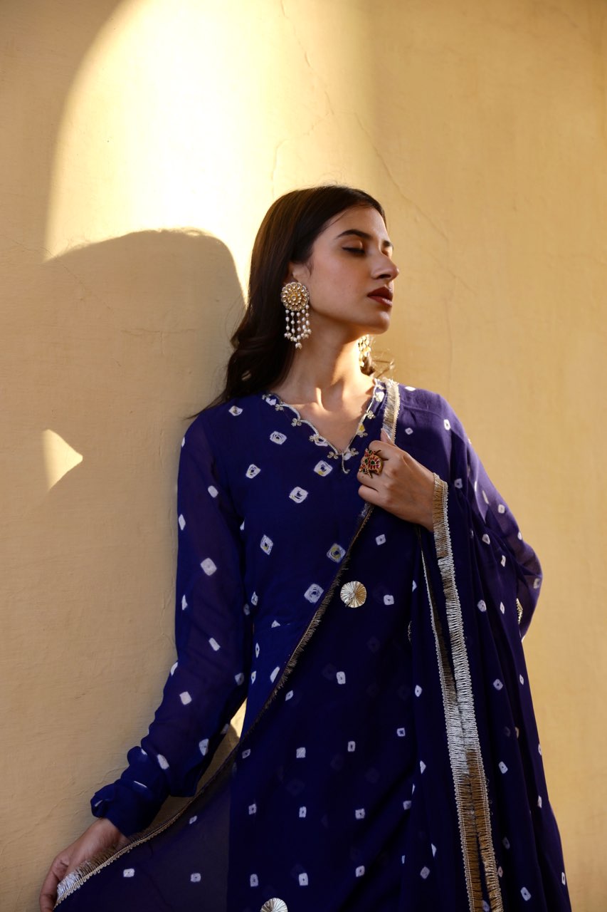Blue handcrafted bhandhej anarkali Asrumo
