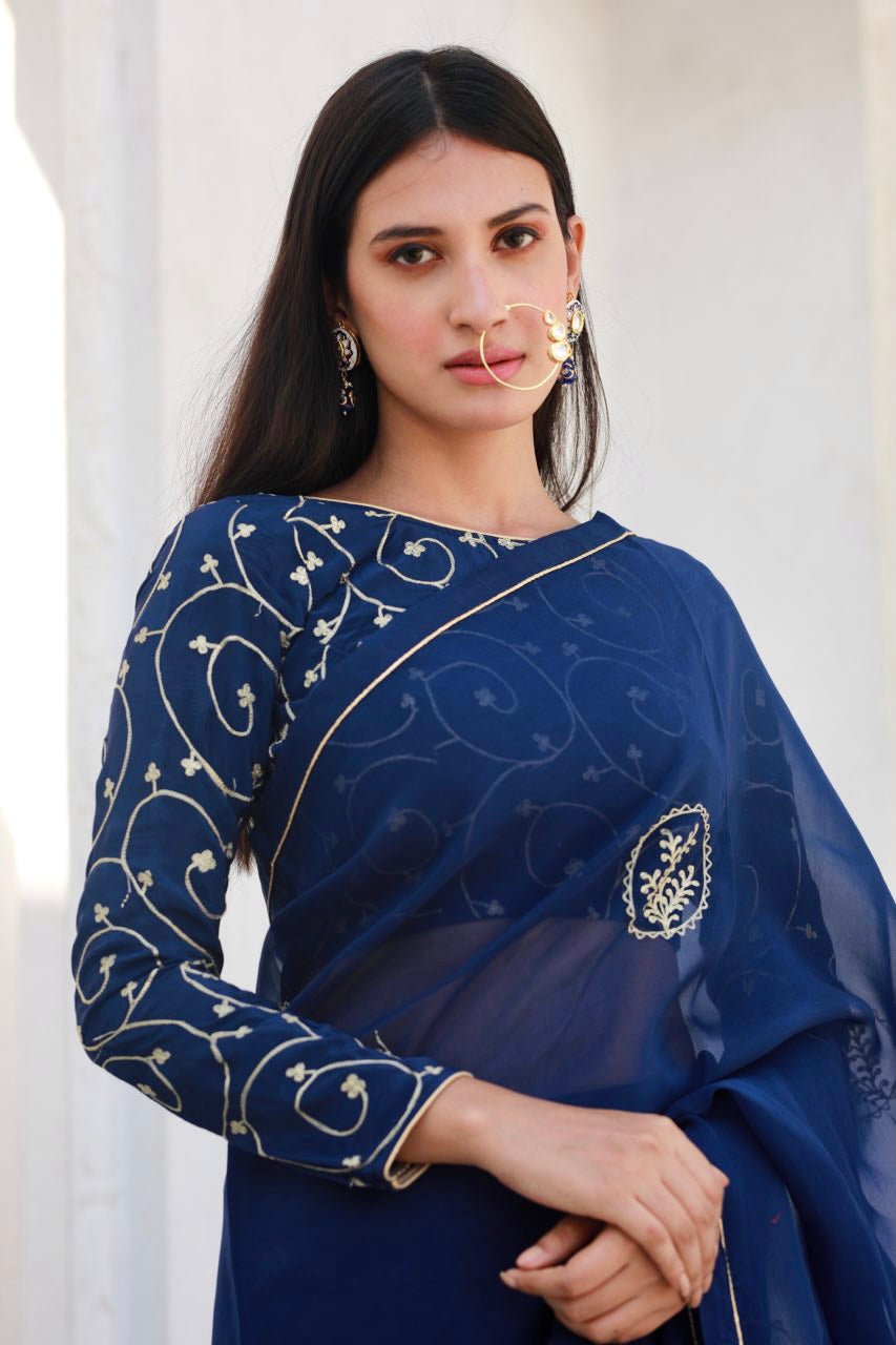 Shreeja nevy blue silk organza saree Asrumo