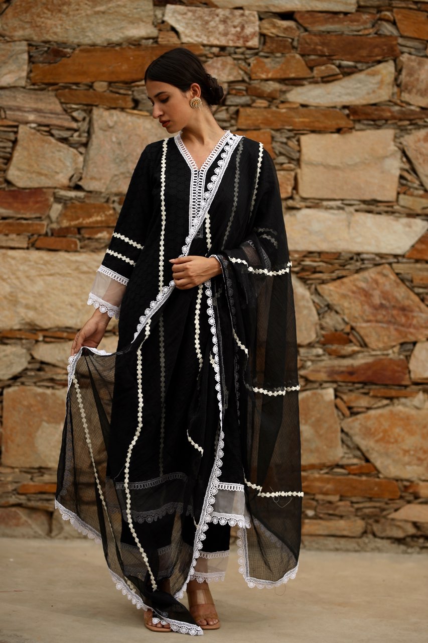 BLACK COTTON CHIKANKARI WHITE LACE STRAIGHT SET Asrumo