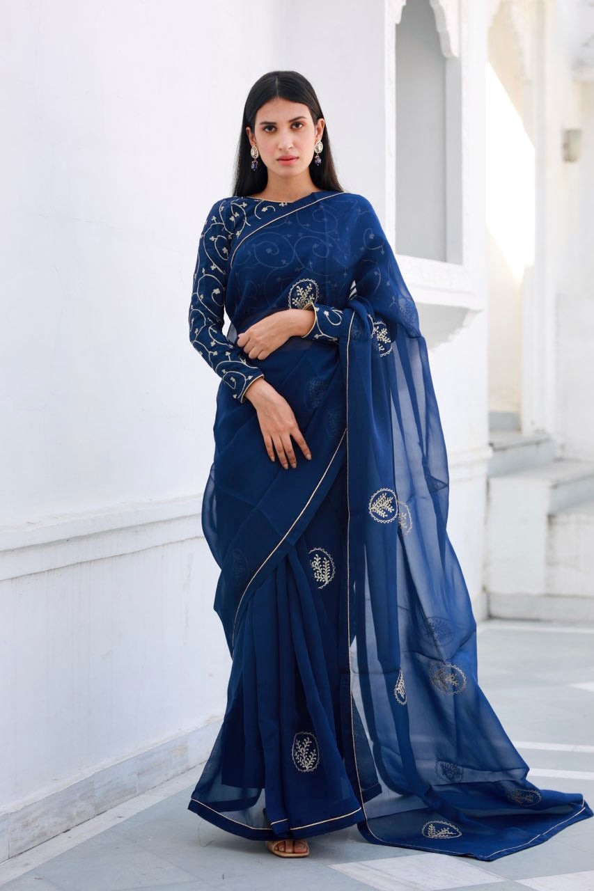 Shreeja nevy blue silk organza saree Asrumo