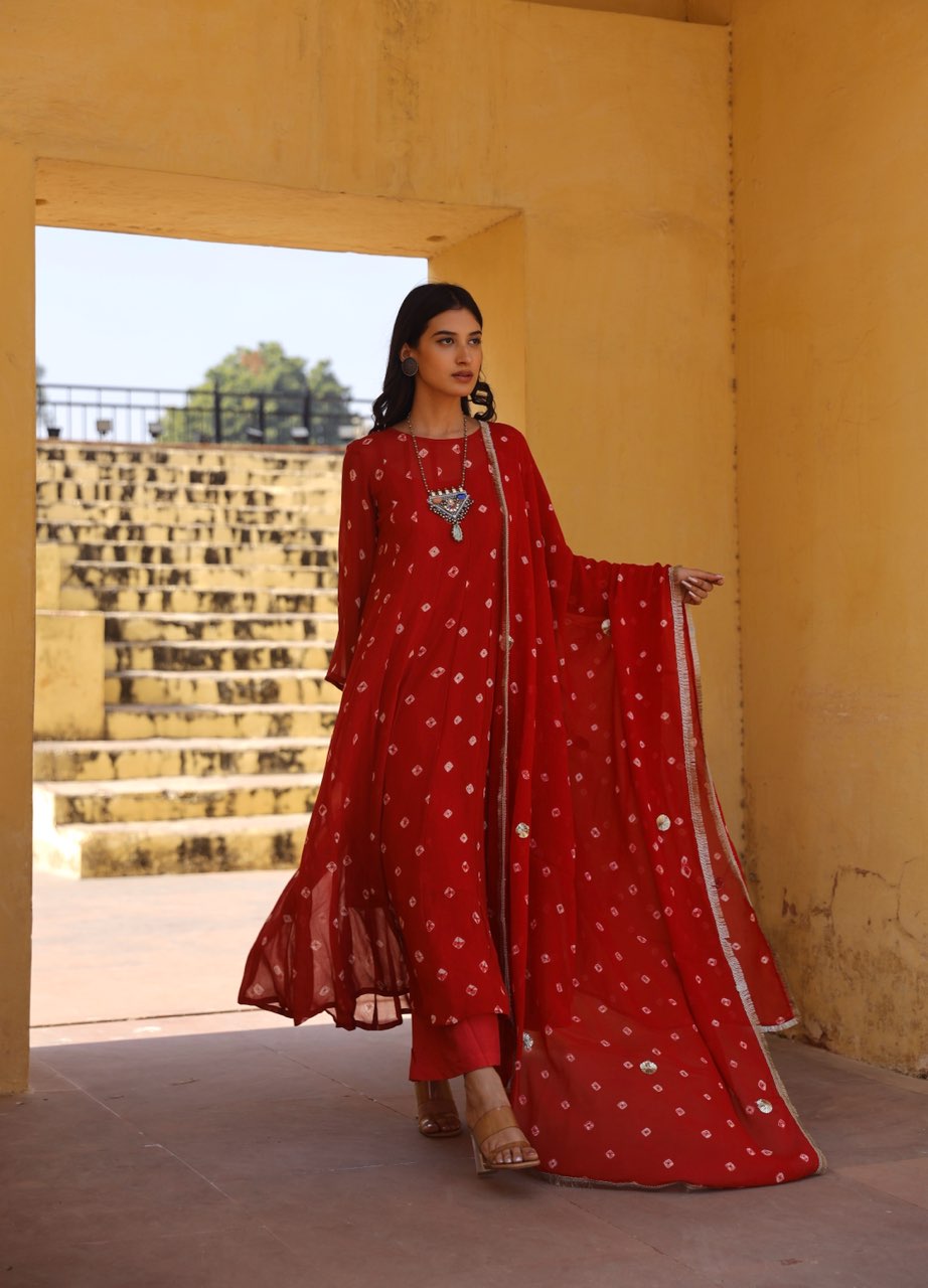 Red hand tie and dye bhandhej anarkali Asrumo