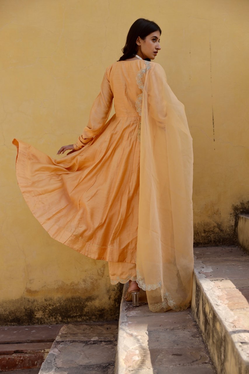 Yellow zari work chanderi anarkali set Asrumo