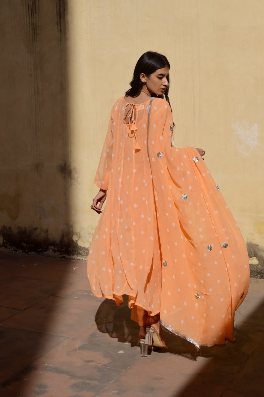 Peach tie and dye bhandhej anarkali Asrumo