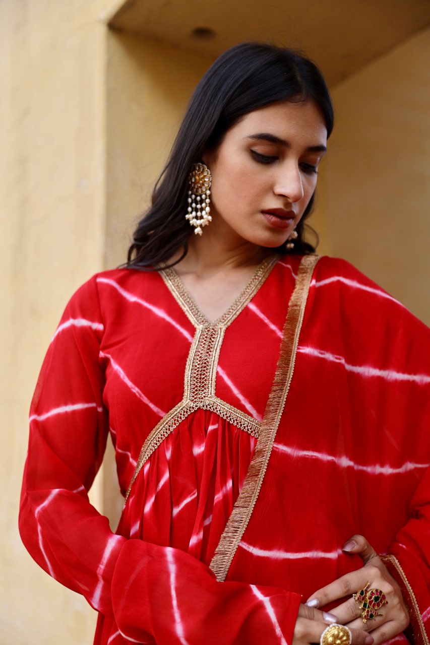 Red tie and dye lehariya anarkali Asrumo