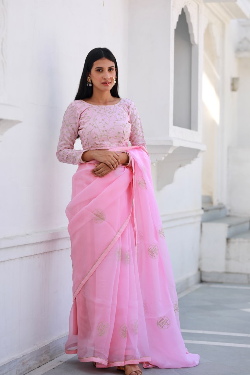 Shreeja pink viscose silk organza saree Asrumo