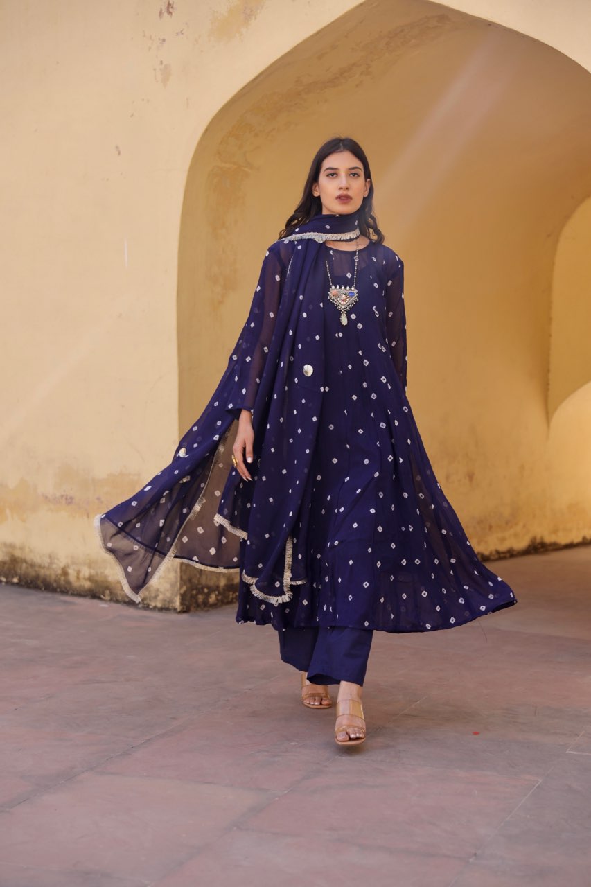 Blue tie and dye bhandhej anarkali Asrumo