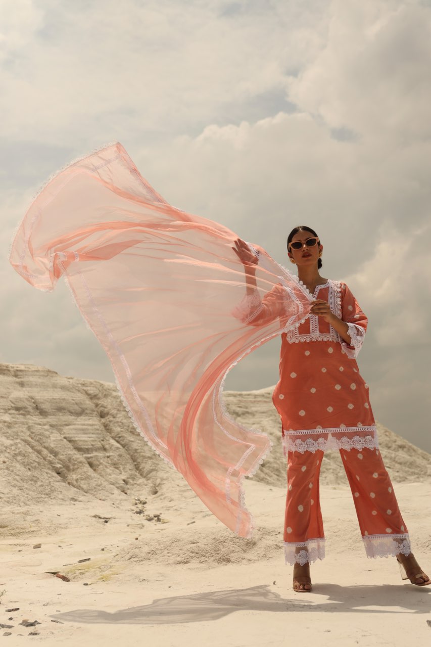 Peach Cotton white Lace Straight set Asrumo