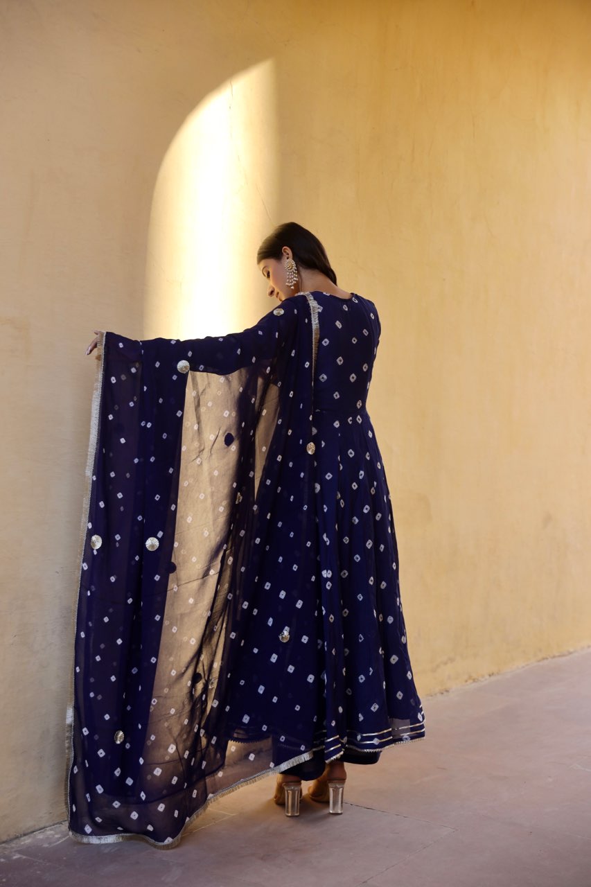 Blue handcrafted bhandhej anarkali Asrumo