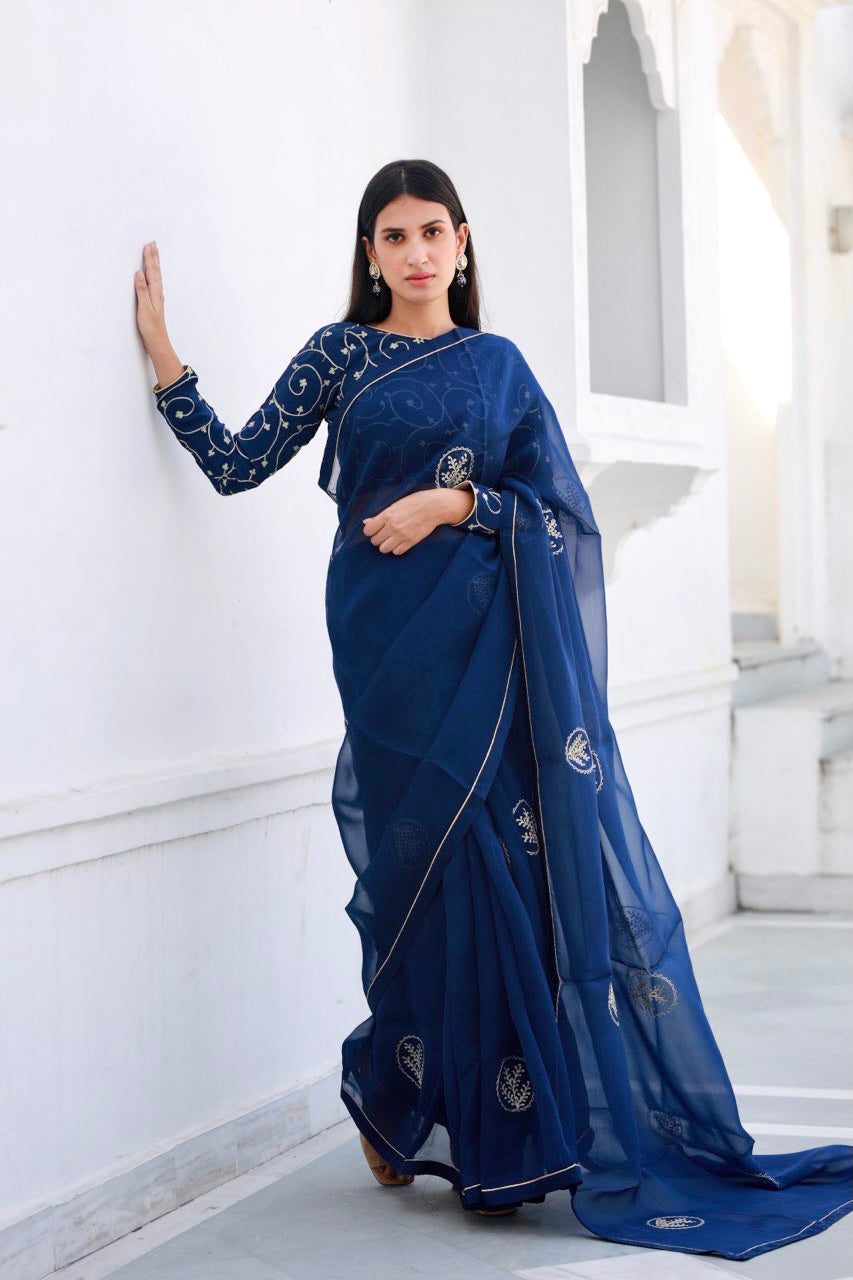 Shreeja nevy blue silk organza saree Asrumo