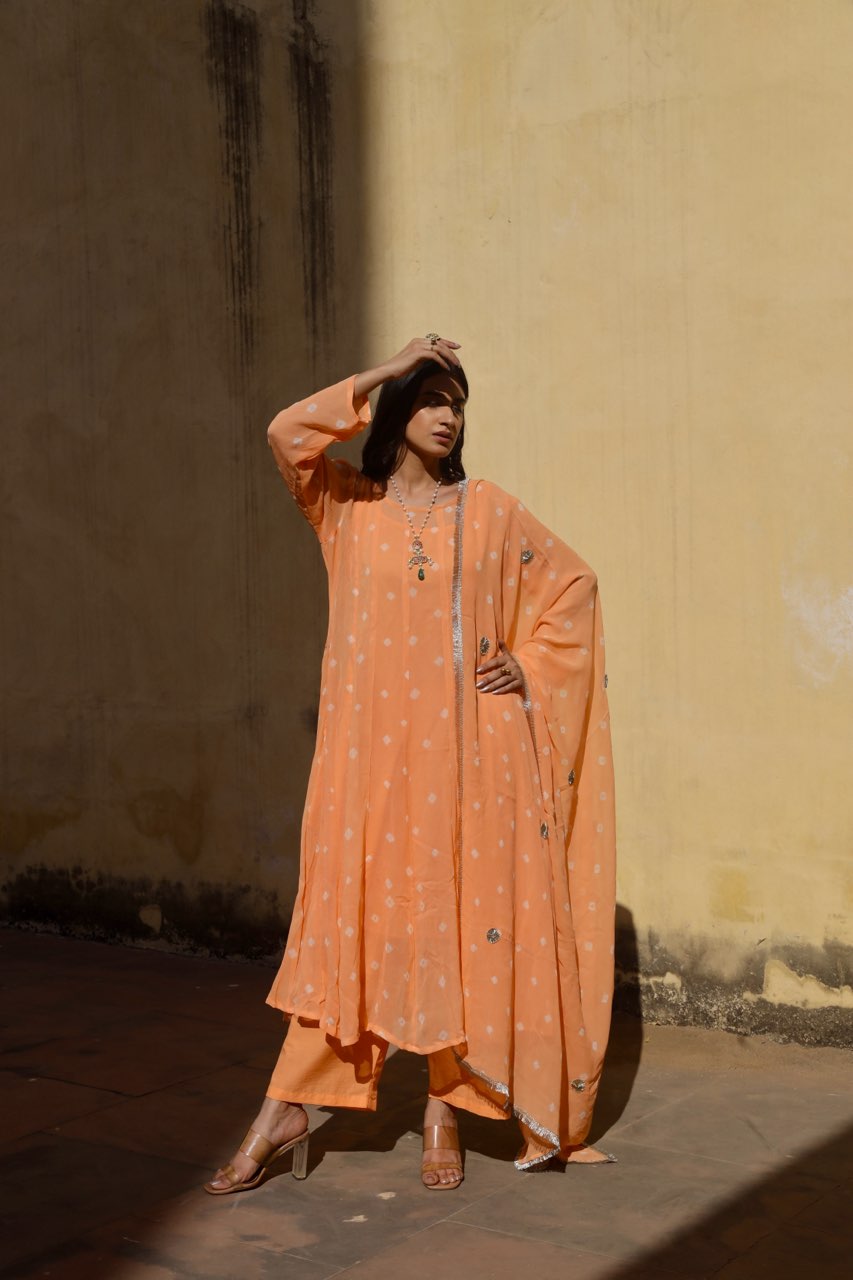 Peach tie and dye bhandhej anarkali Asrumo