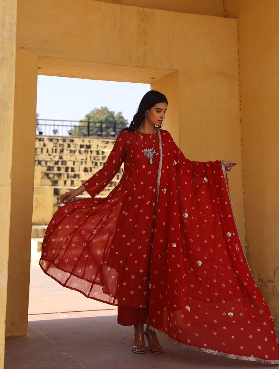 Red hand tie and dye bhandhej anarkali Asrumo