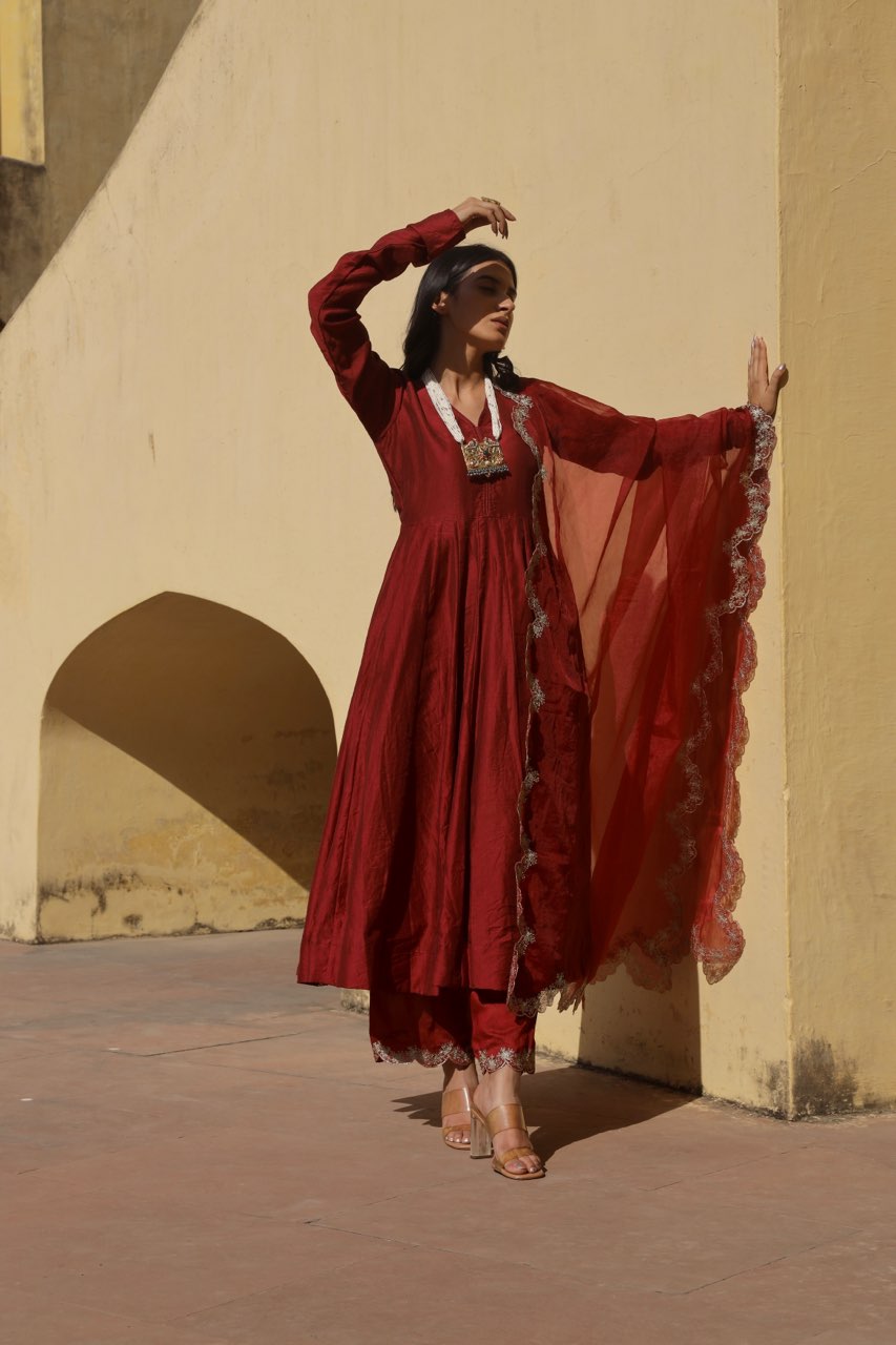 Maroon zari work chanderi anarkali set Asrumo