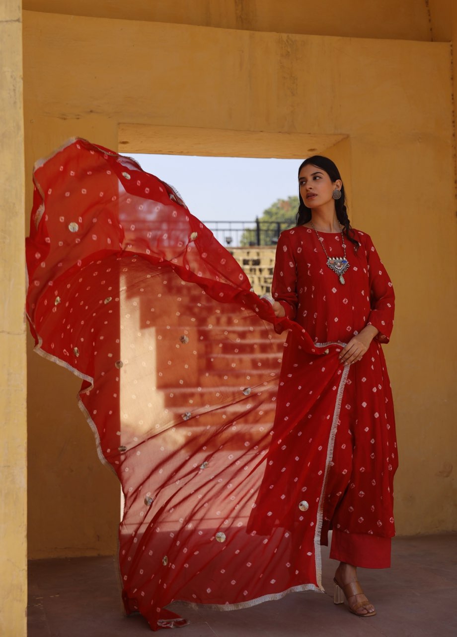 Red hand tie and dye bhandhej anarkali Asrumo