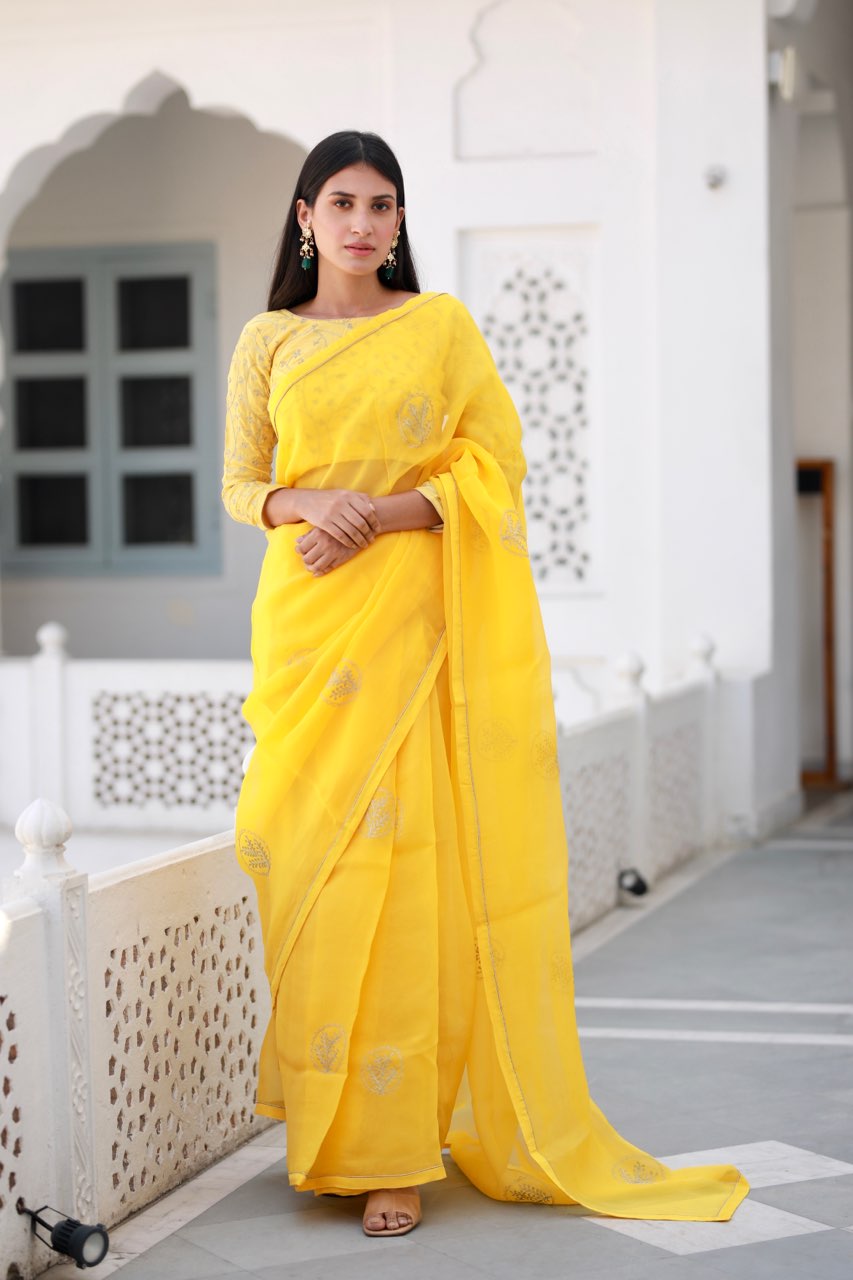 Shreeja yellow viscose silk organza saree Asrumo