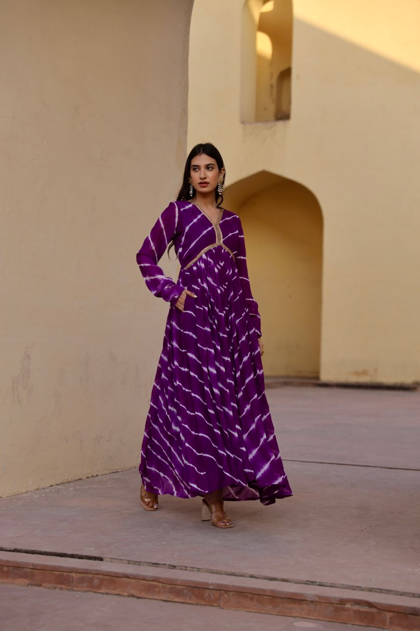 Purple tie and dye lehariya anarkali Asrumo