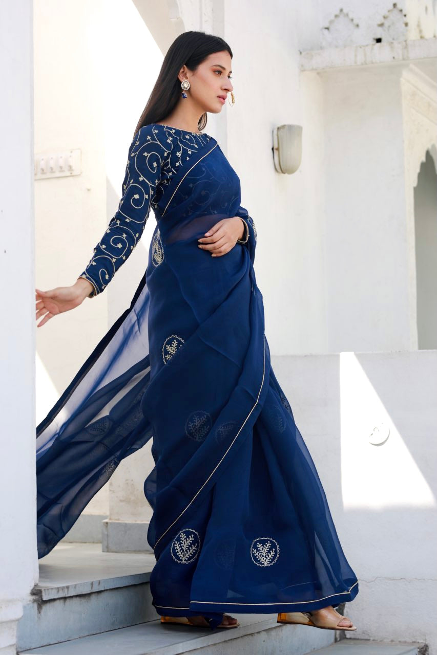Shreeja nevy blue silk organza saree Asrumo