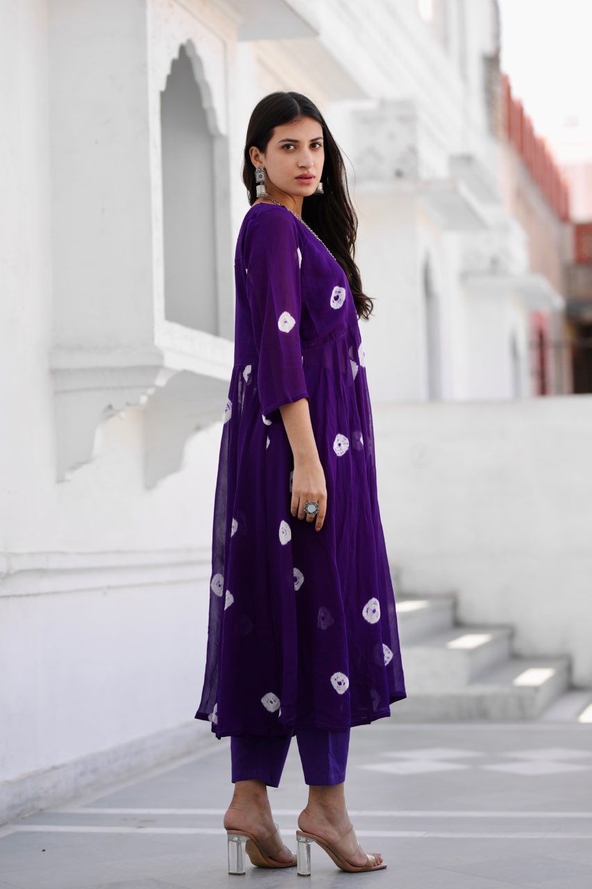 Sabita purple bhandhej anarkali set Asrumo