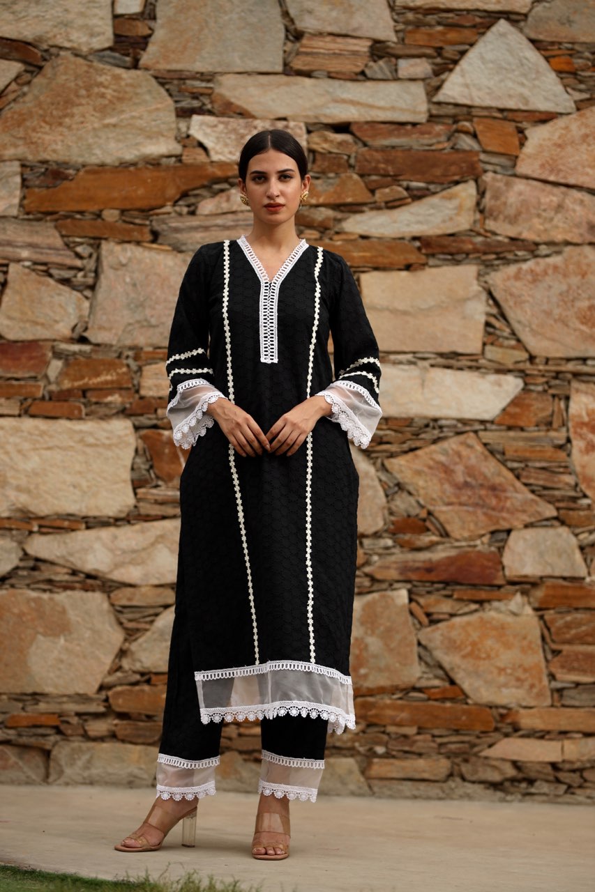 BLACK COTTON CHIKANKARI WHITE LACE STRAIGHT SET Asrumo