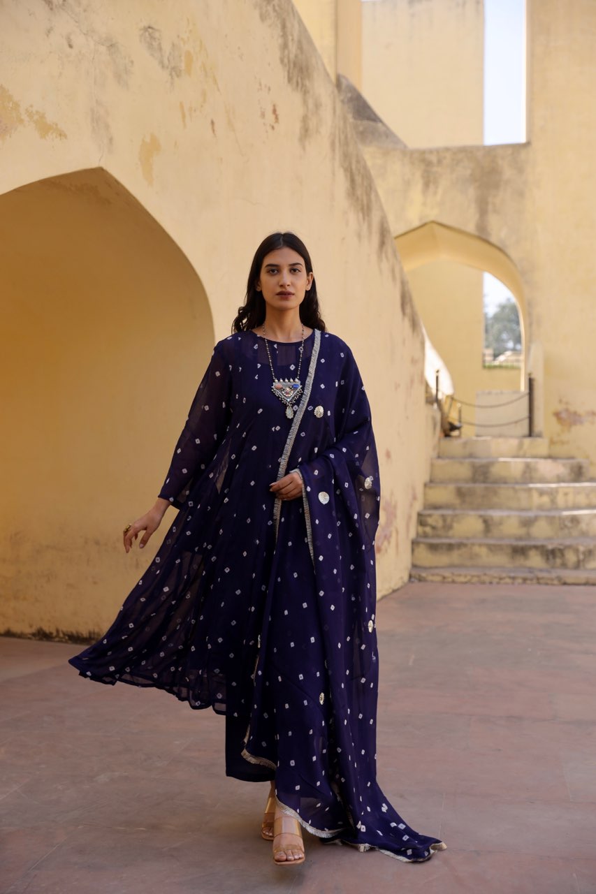 Blue tie and dye bhandhej anarkali Asrumo