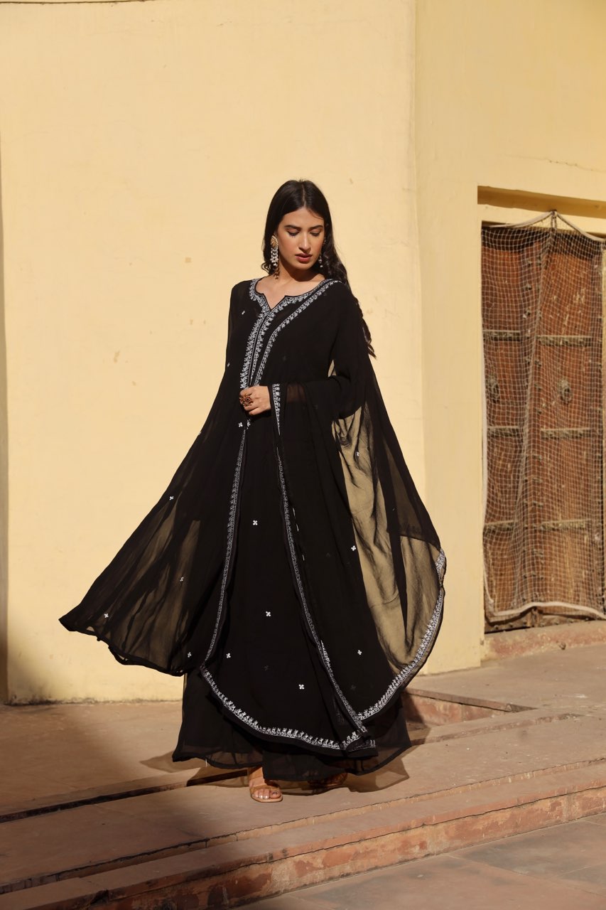 Black georgette white dot anarkali set Asrumo