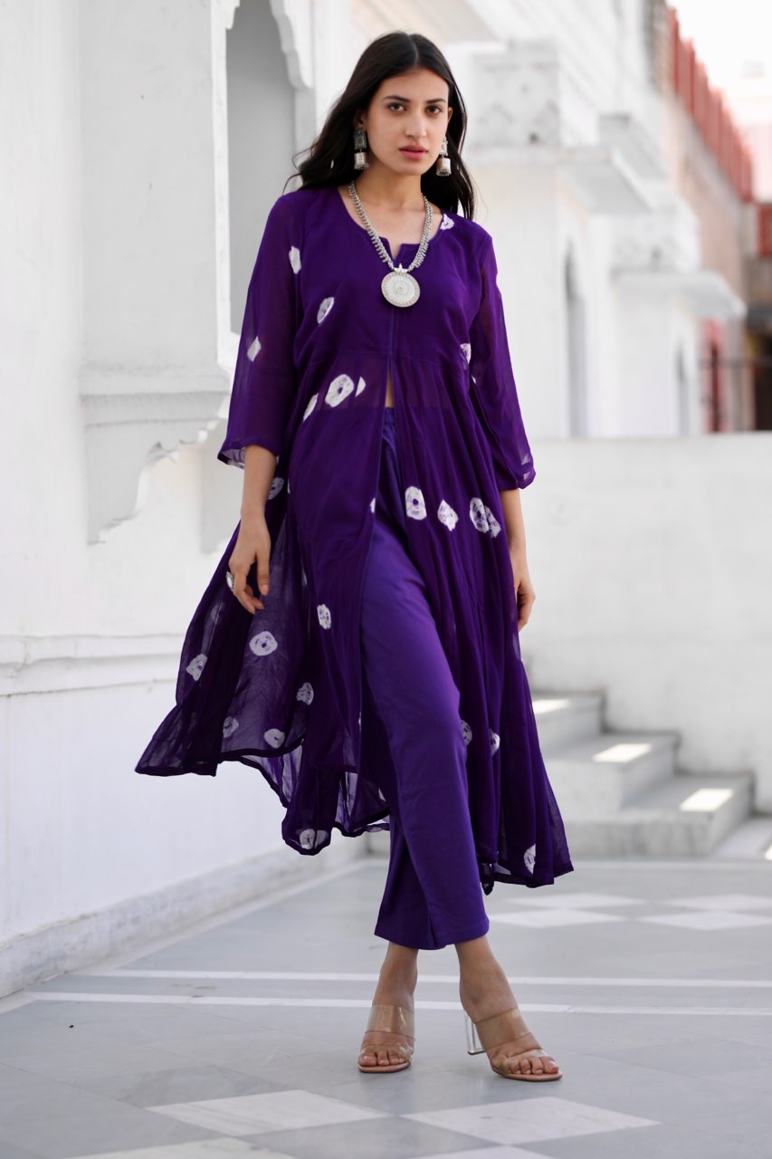 Sabita purple bhandhej anarkali set Asrumo