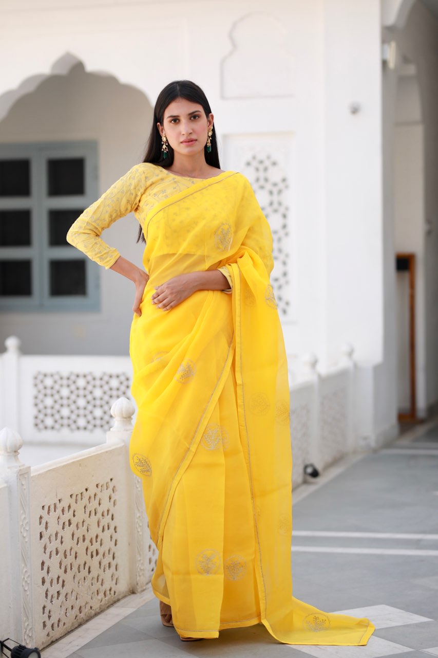 Shreeja yellow viscose silk organza saree Asrumo
