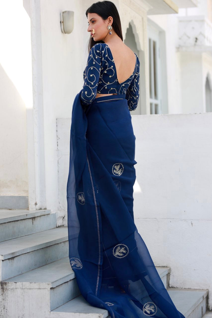 Shreeja nevy blue silk organza saree Asrumo