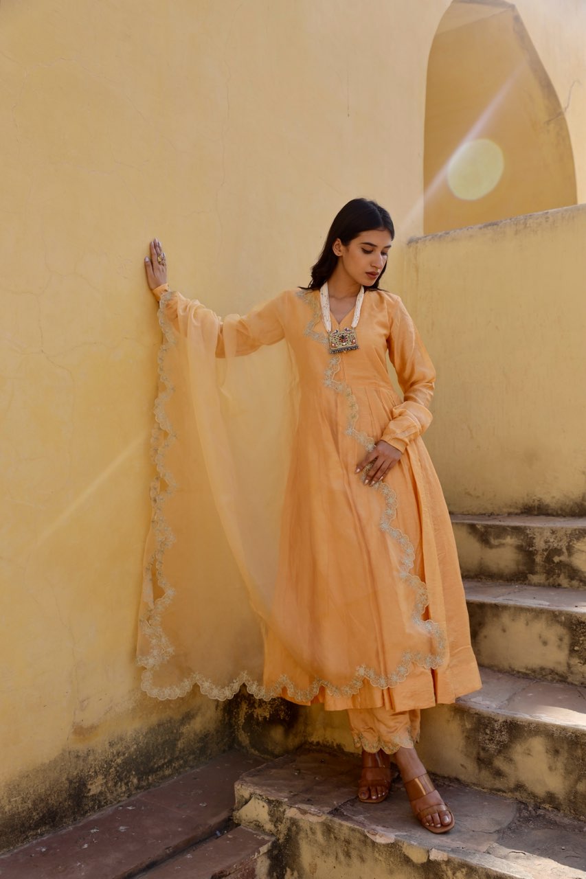 Yellow zari work chanderi anarkali set Asrumo