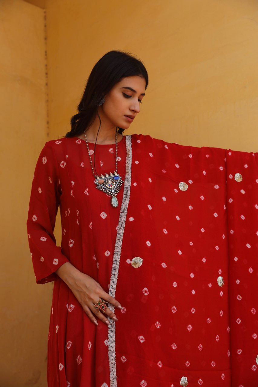 Red hand tie and dye bhandhej anarkali Asrumo