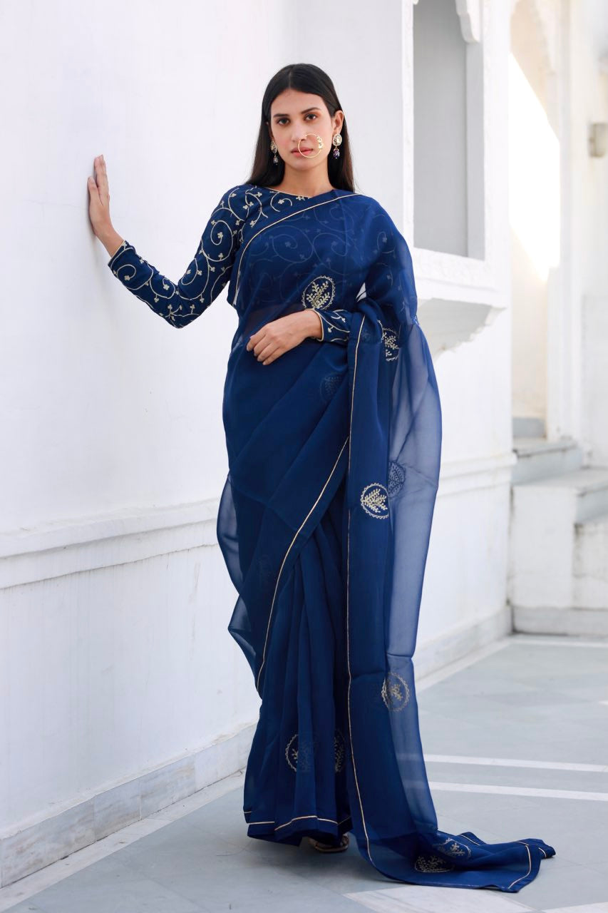 Shreeja nevy blue silk organza saree Asrumo