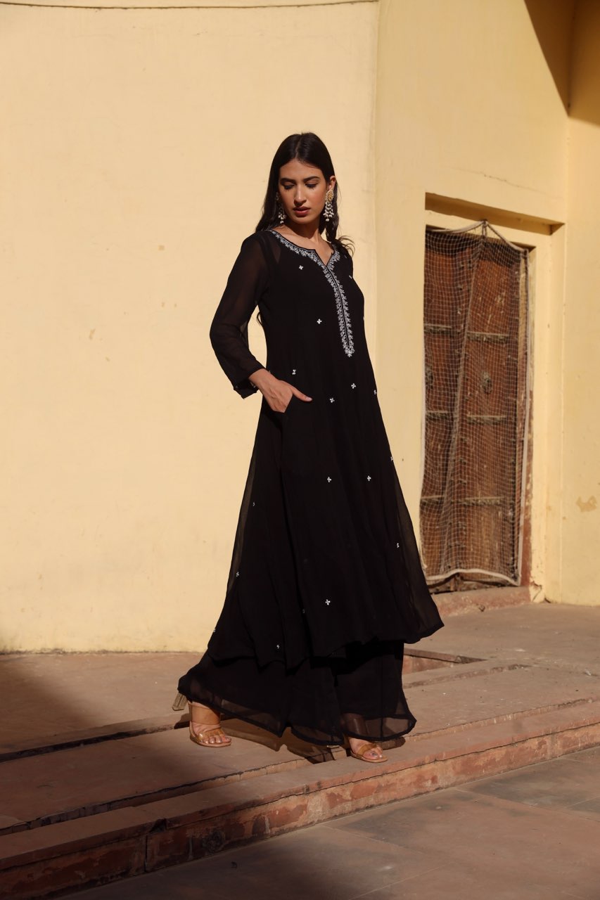 Black georgette white dot anarkali set Asrumo