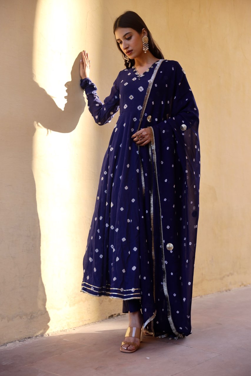 Blue handcrafted bhandhej anarkali Asrumo