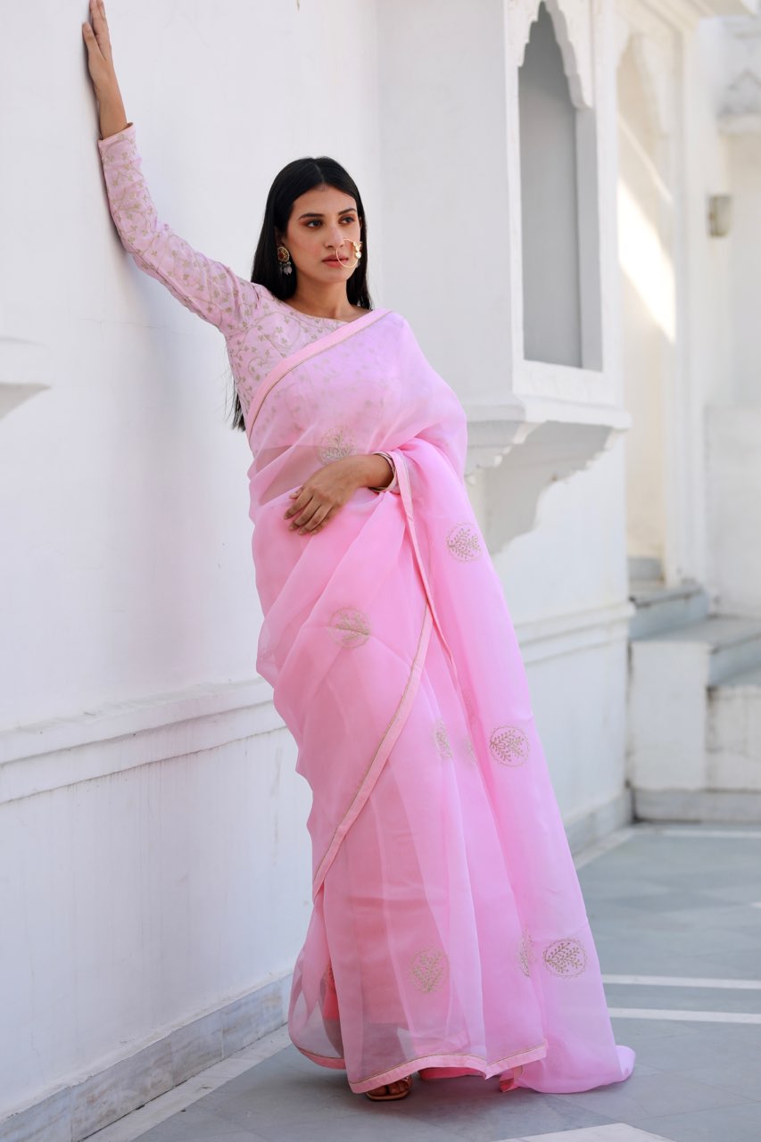 Shreeja pink viscose silk organza saree Asrumo
