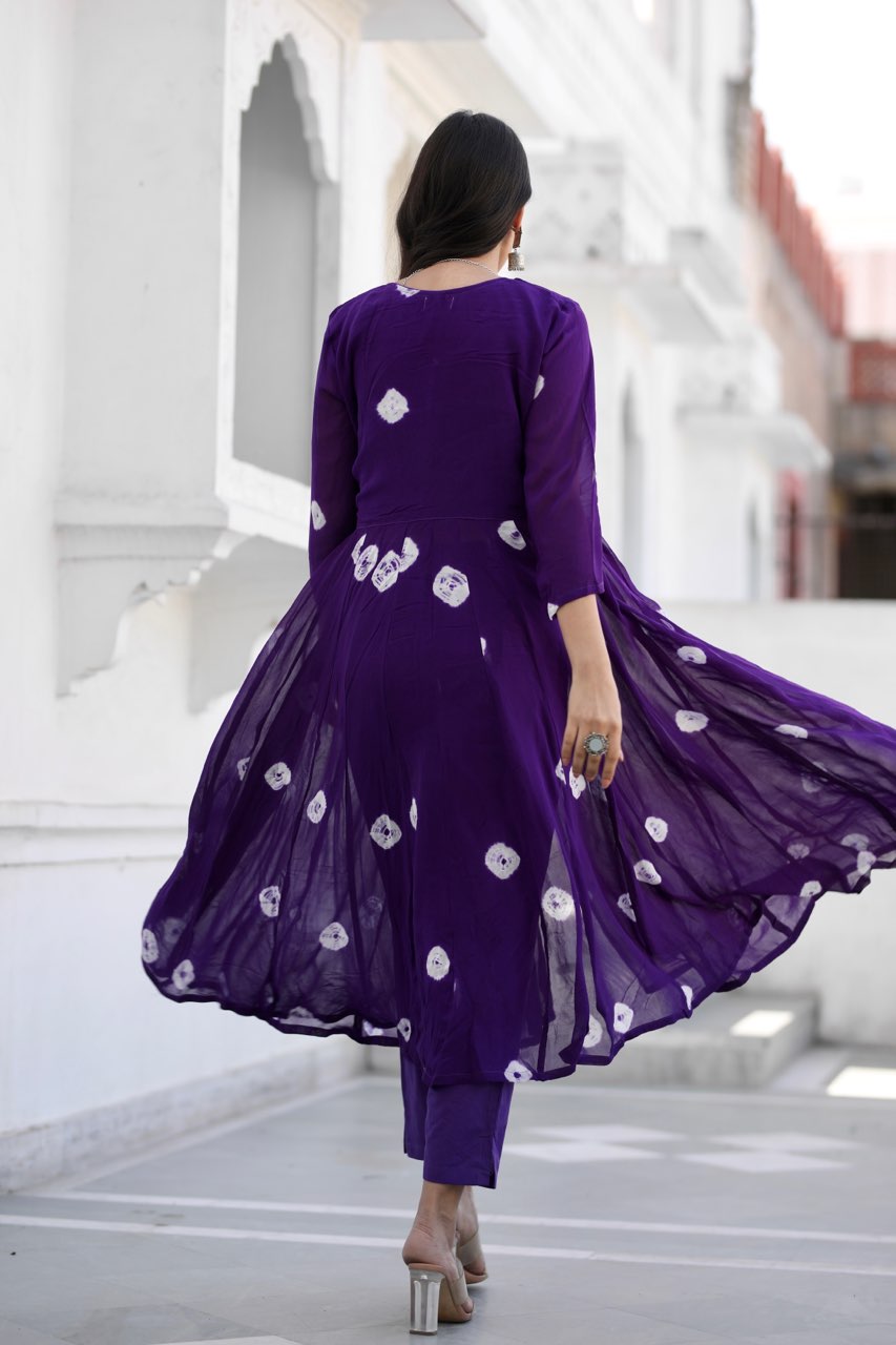 Sabita purple bhandhej anarkali set Asrumo