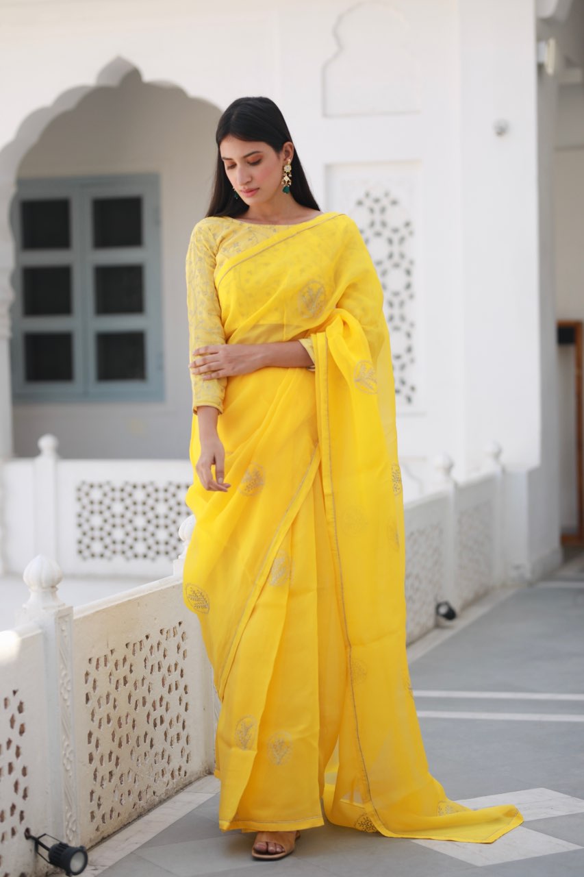 Shreeja yellow viscose silk organza saree Asrumo