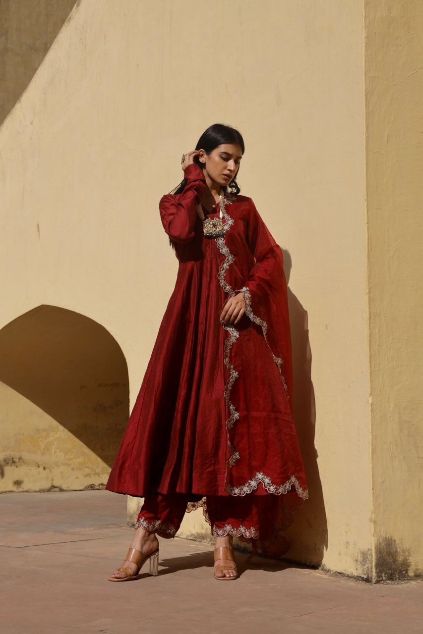 Maroon zari work chanderi anarkali set Asrumo