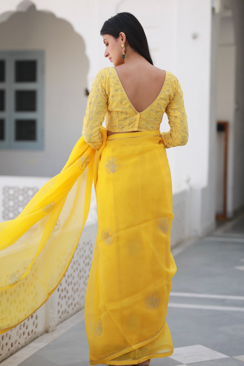 Shreeja yellow viscose silk organza saree Asrumo