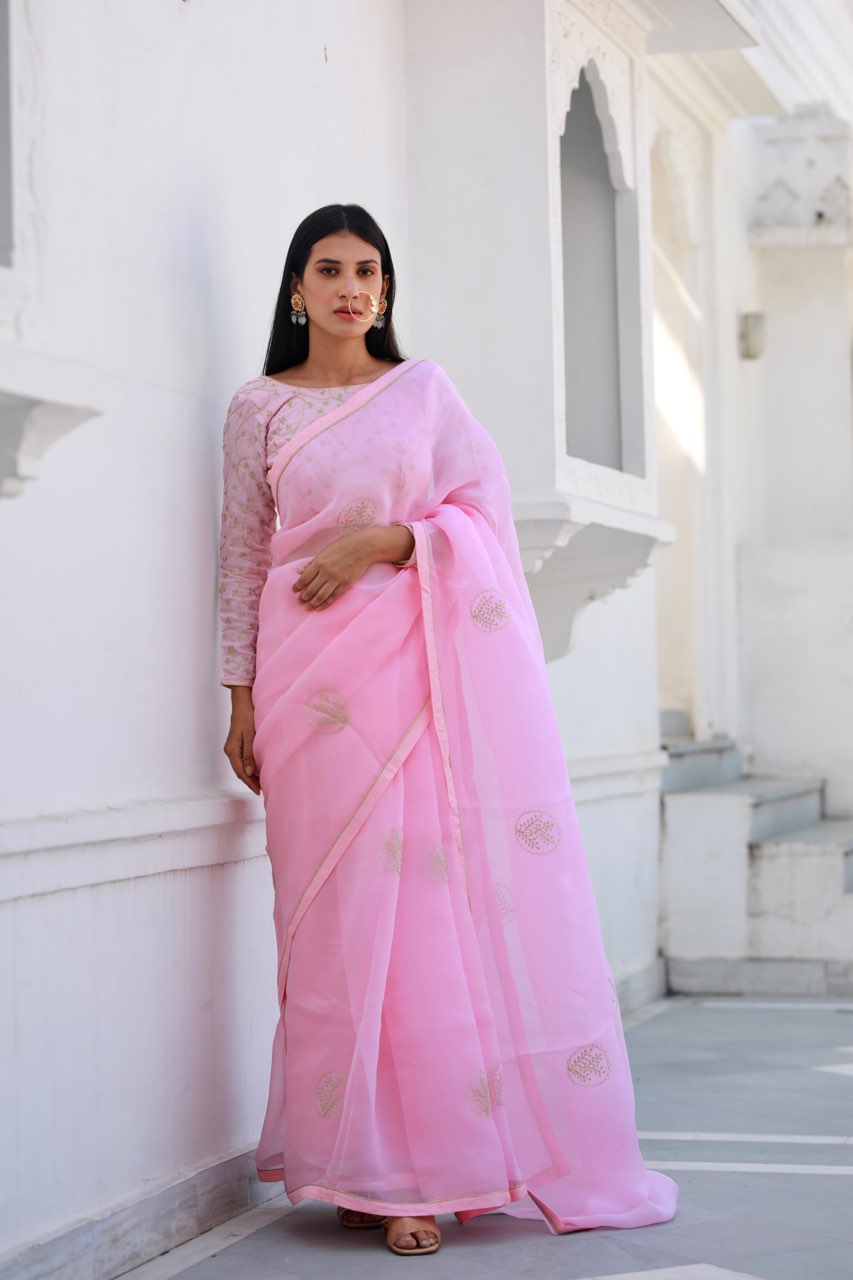 Shreeja pink viscose silk organza saree Asrumo