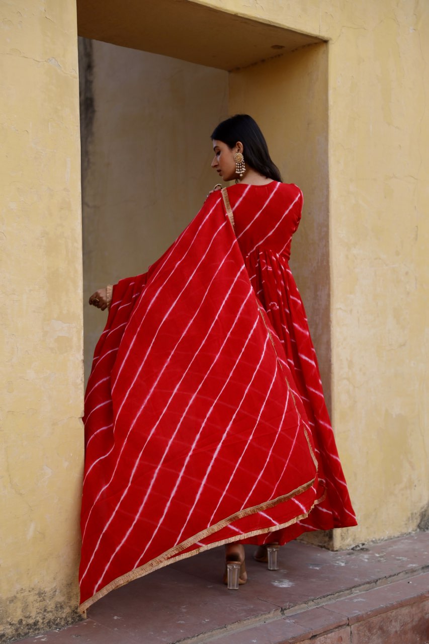 Red tie and dye lehariya anarkali Asrumo