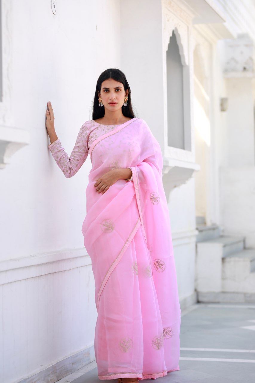 Shreeja pink viscose silk organza saree Asrumo