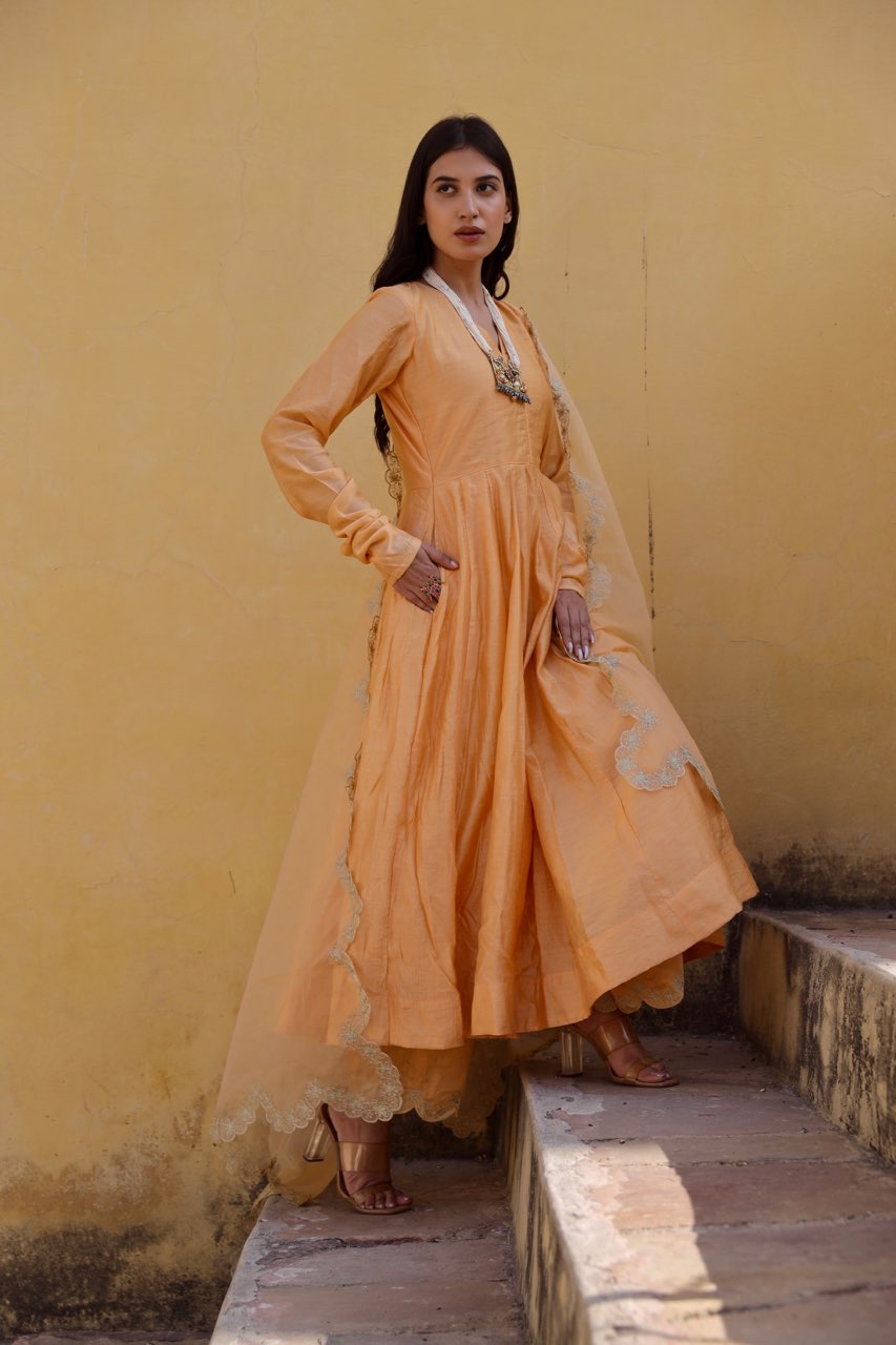 Yellow zari work chanderi anarkali set Asrumo